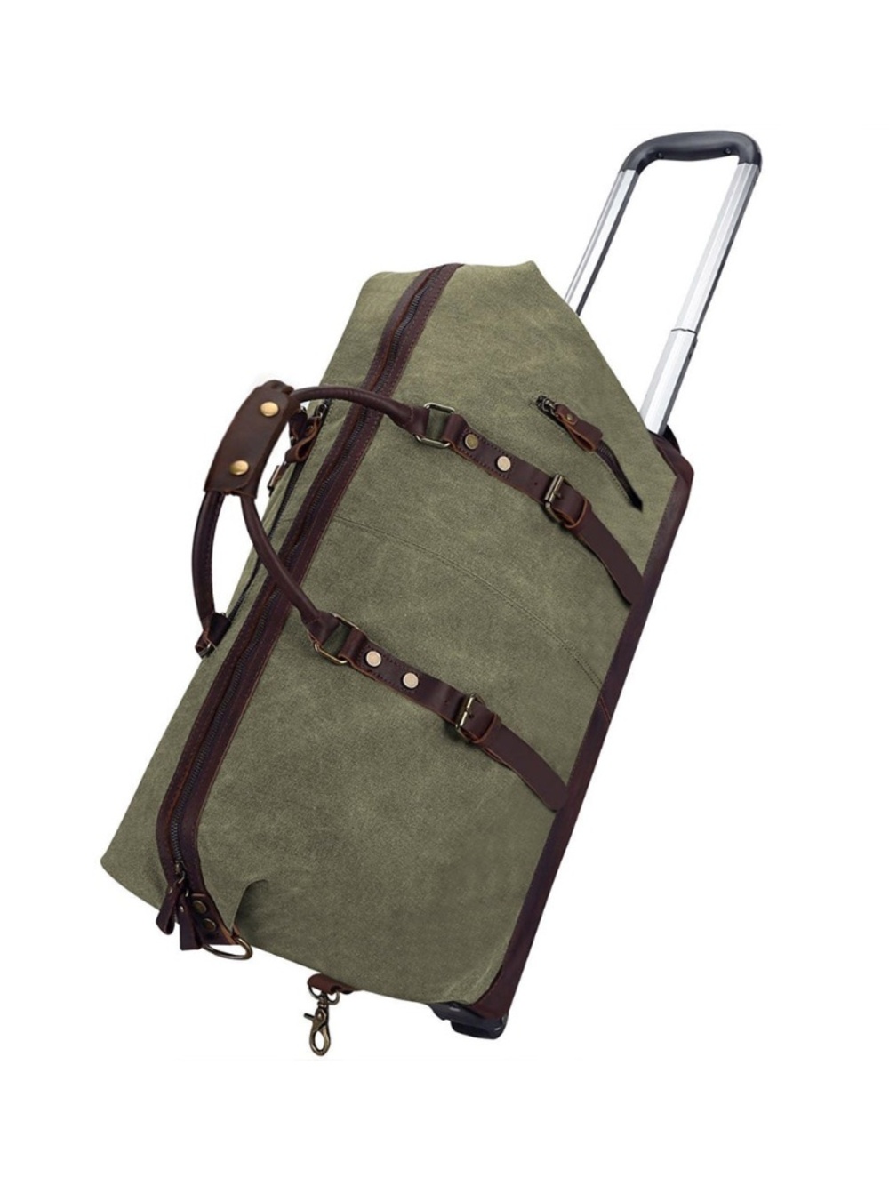 KATTEE Olive Green Canvas Rolling Luggage Duffel Bag Leather Trim Canvas Travel